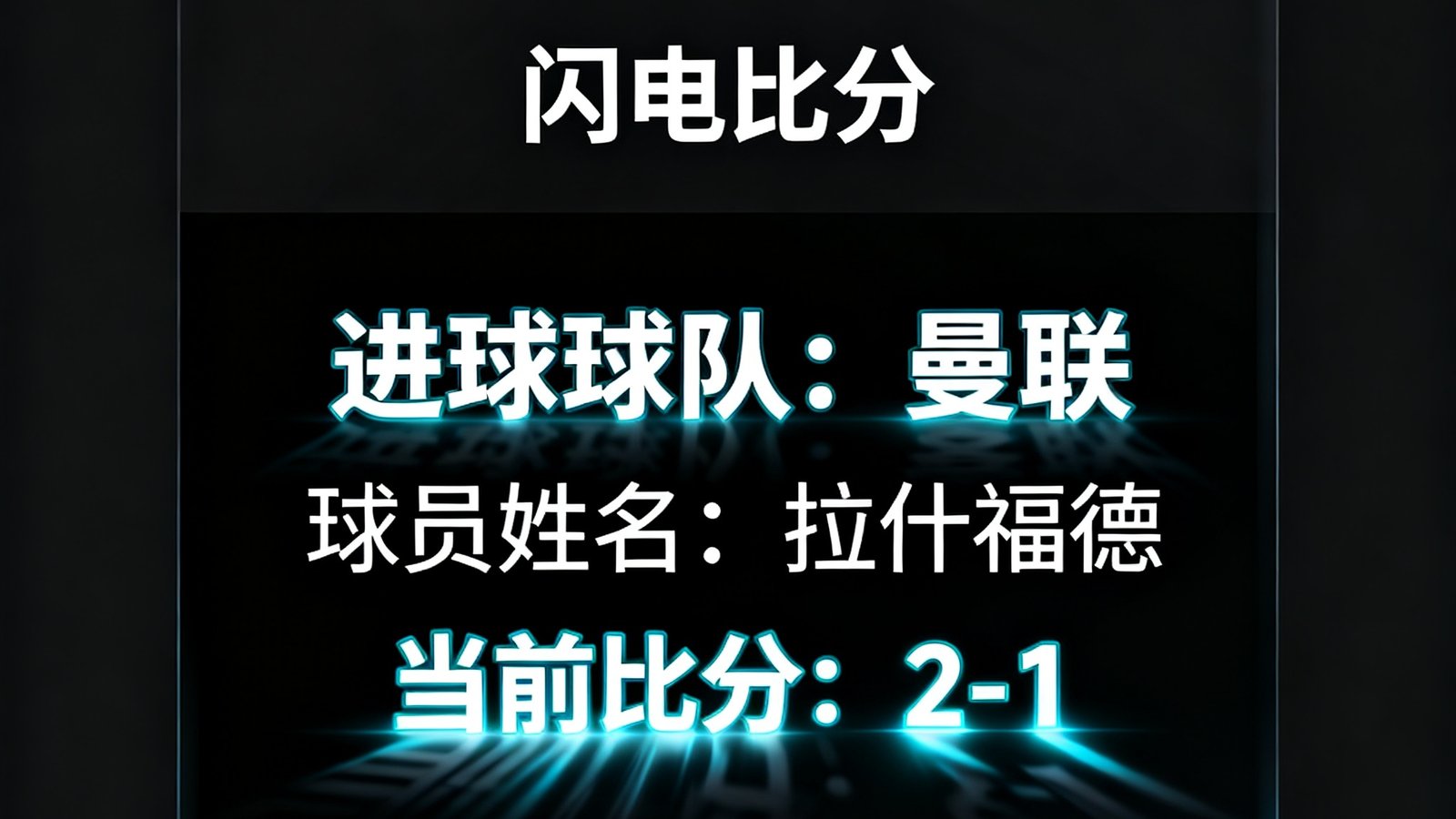 闪电比分实时弹窗效果，显示进球球队、球员姓名和当前比分，带有动画特效