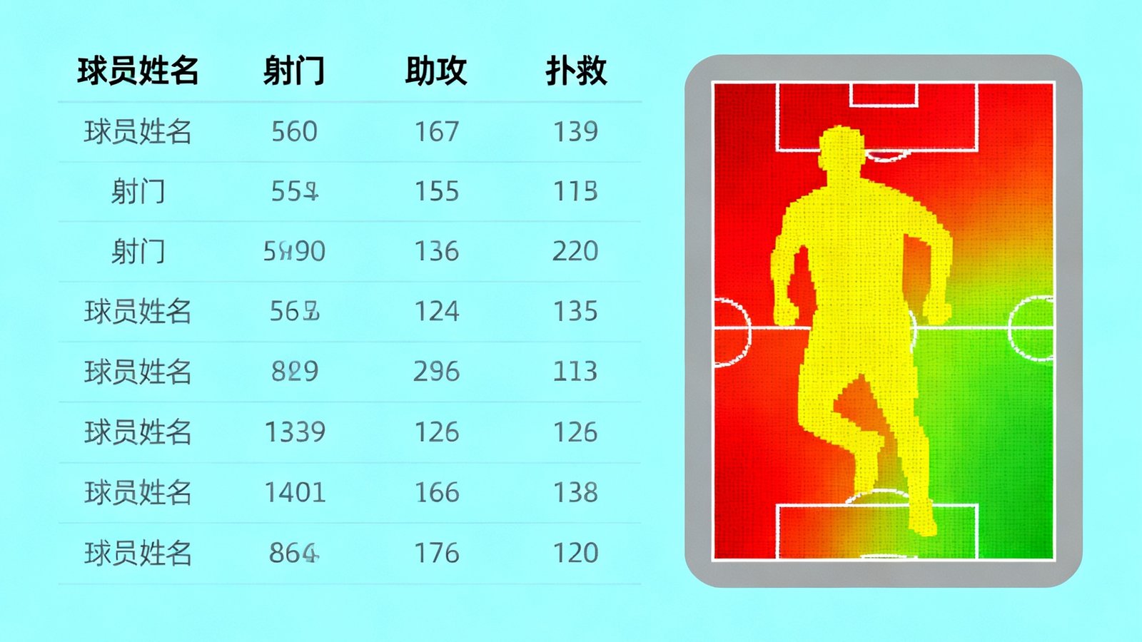 球队球员数据排行榜界面，展示射门、助攻、扑救等数据，附带球员跑动热力图
